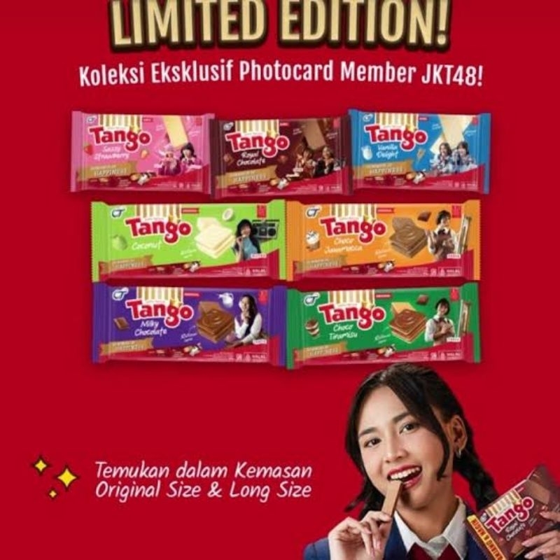 

wafer tango x JKT 35gram rasa popcorn, choco tiramisu, Java Mocca, coconut, black pink, milky chocolate isi 10pcs