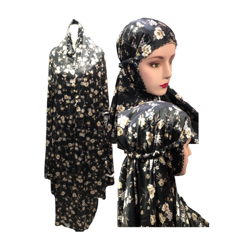 Mukena Hitam motif bunga bahan satin / mukena atas bawah motif