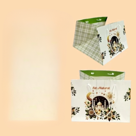 

paperbag lebaran muat dus hampers kue 22cm tas tenteng art carton laminasi glossy motif masjid putih 25x25x20 cm