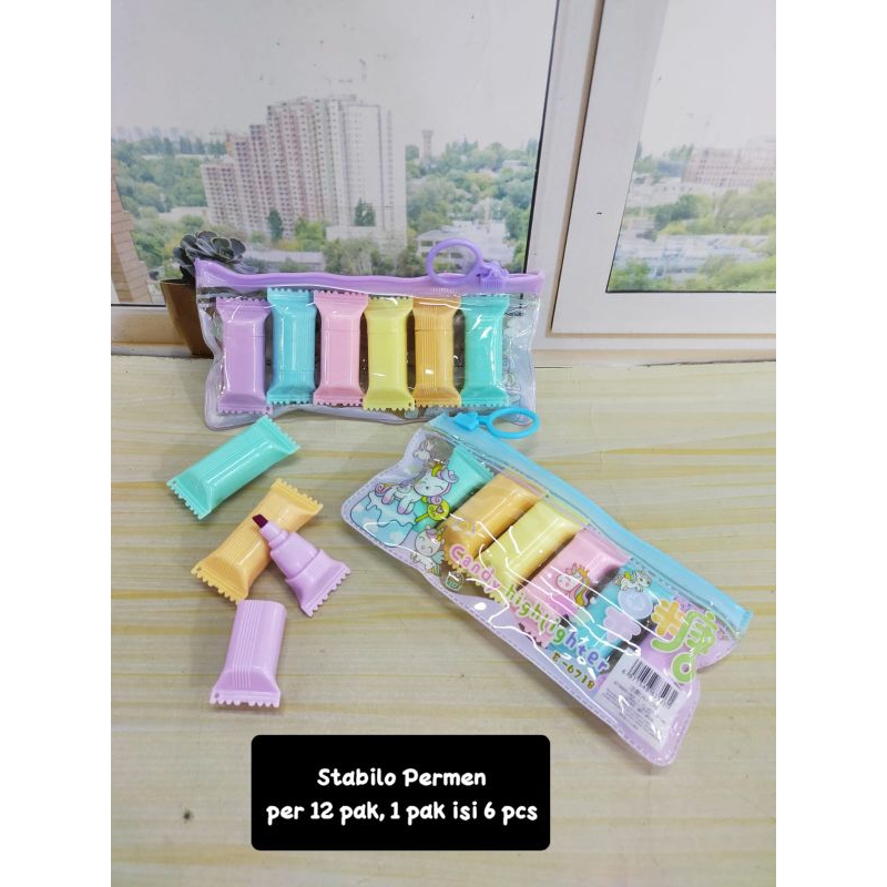 

stabilo permen / stabilo isi 6pcs / stabilo imut / stabilo lucu/ stabilo warna warni/ stabilo set isi 6
