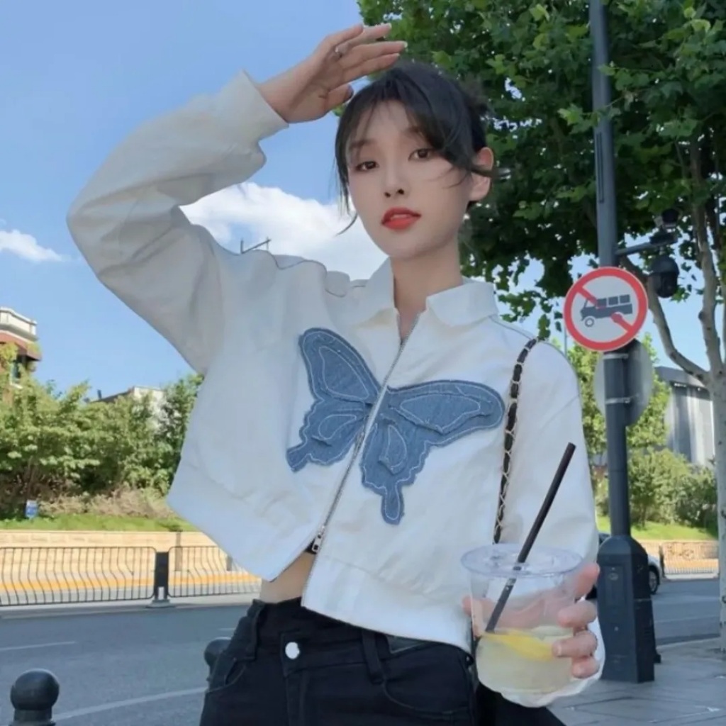 ANFAF - Crop Jaket Wanita Korean Style Jaket Simpel Kekinian Resleting Depan Hoodie Oversized