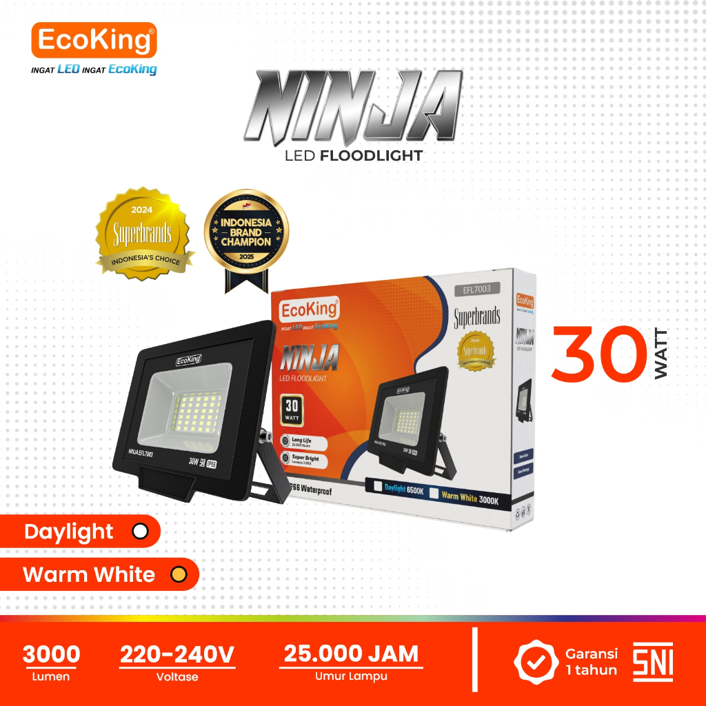 EcoKing Lampu Sorot LED Flood Light Ninja 30W Cahaya Putih/Kuning (NINJA-EFL7003)