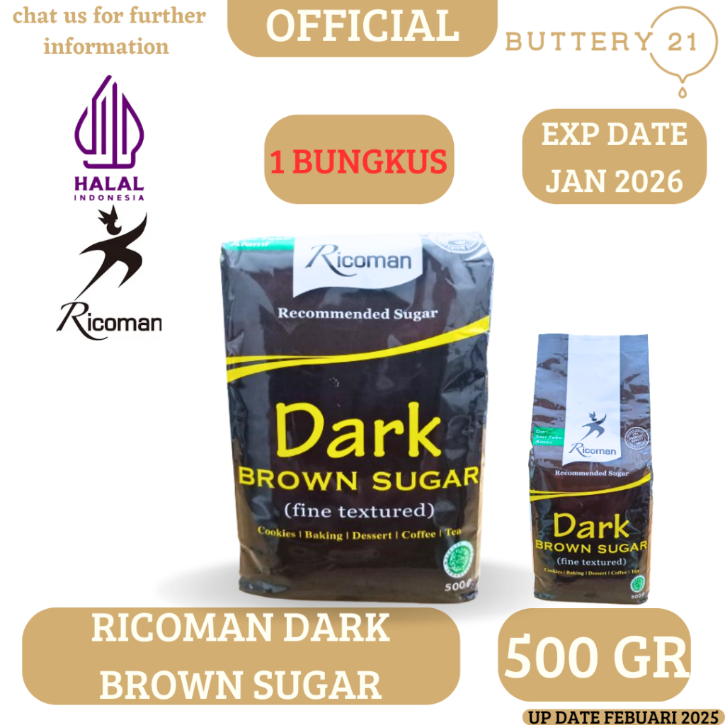 

KEMASAN 500 GR RICOMAN DARK BROWN SUGAR/GULA DARI SARI TEBU ALAMI/WARNA SEDIKIT GELAP (HITAM)