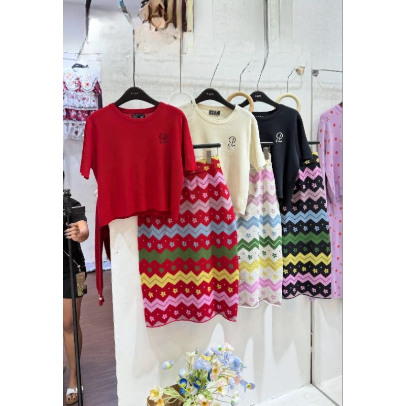 𝙉𝙚𝙬‼️Ploypa studio one set knit (top & midi skirt zigzag) setelan wanita rajut halus atasan kaos & r