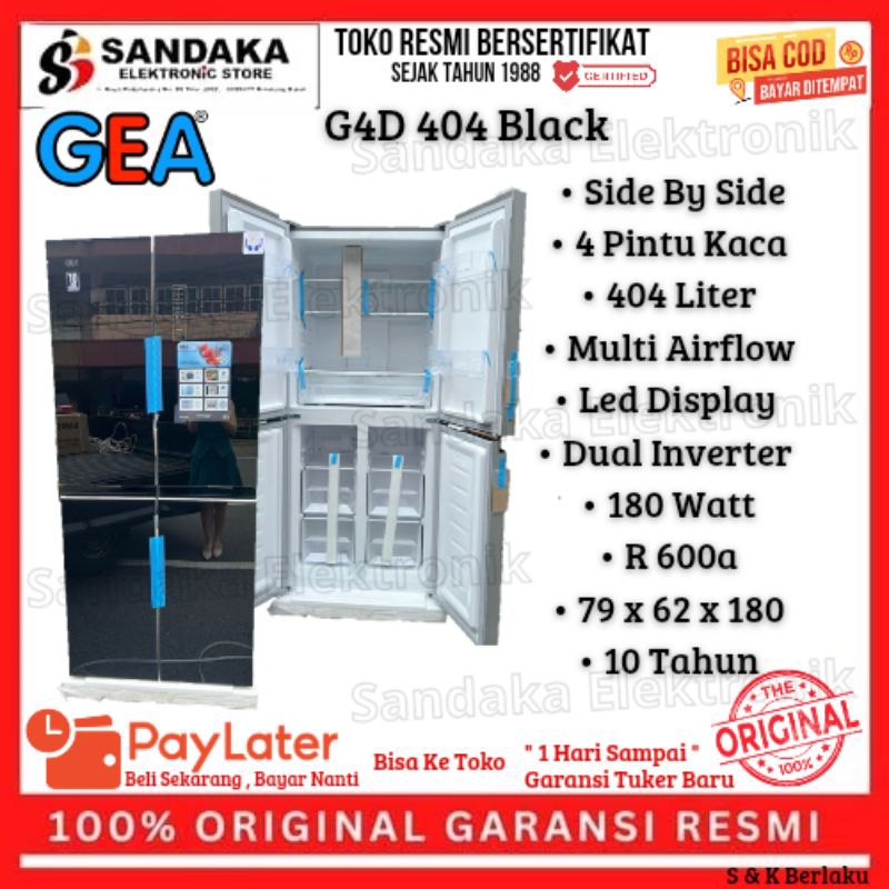 kulkas 4 pintu side by side gea g4d 404 kaca hitam 404liter garansi resmi promo