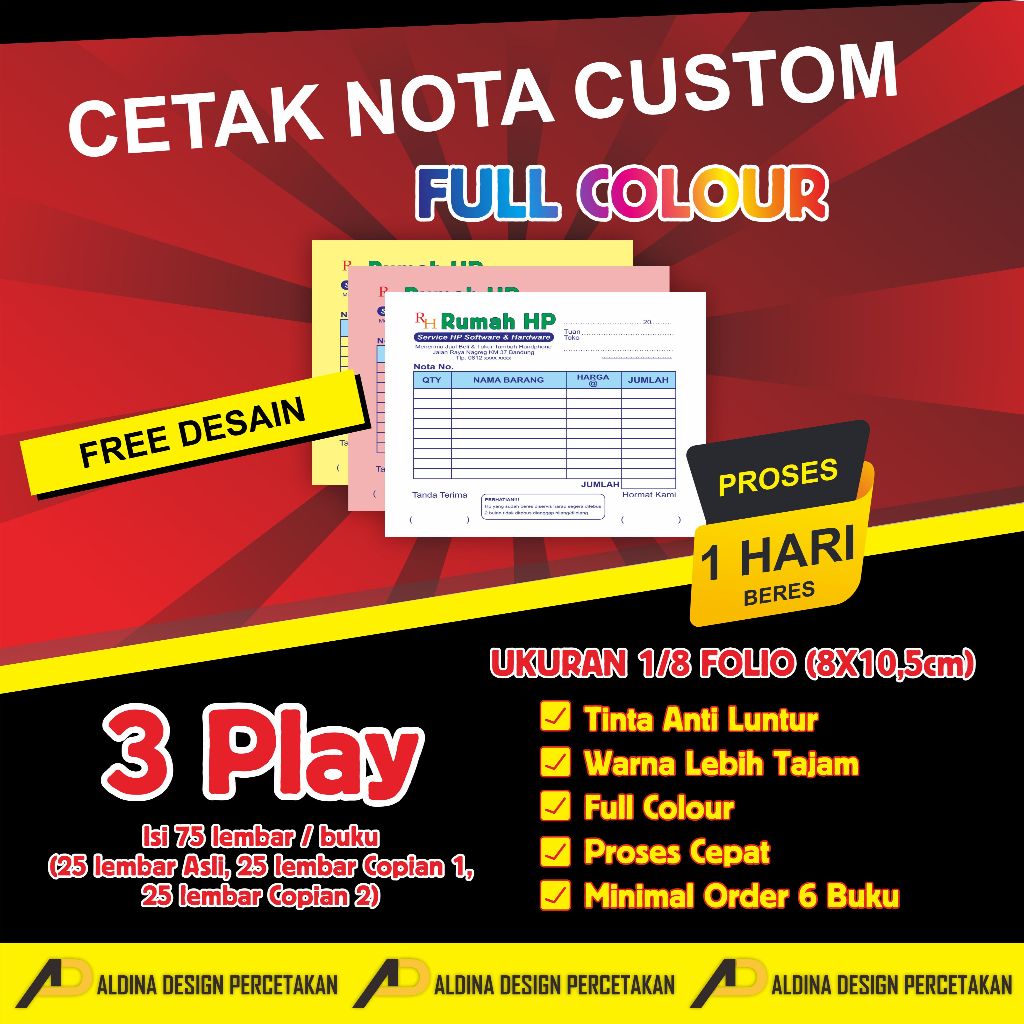 

Nota Fullcolour 3 rangkap ukuran 1/8 Folio Tinta anti luntur
