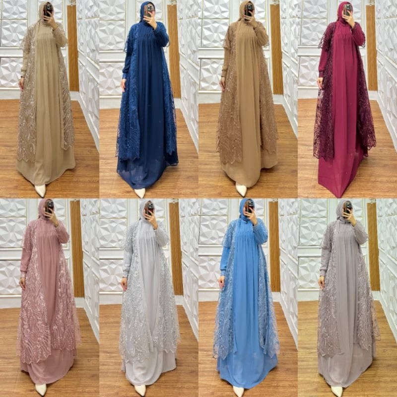 Gamis brukat bahan ceruty mix brukat outer/ iner lepas pasang