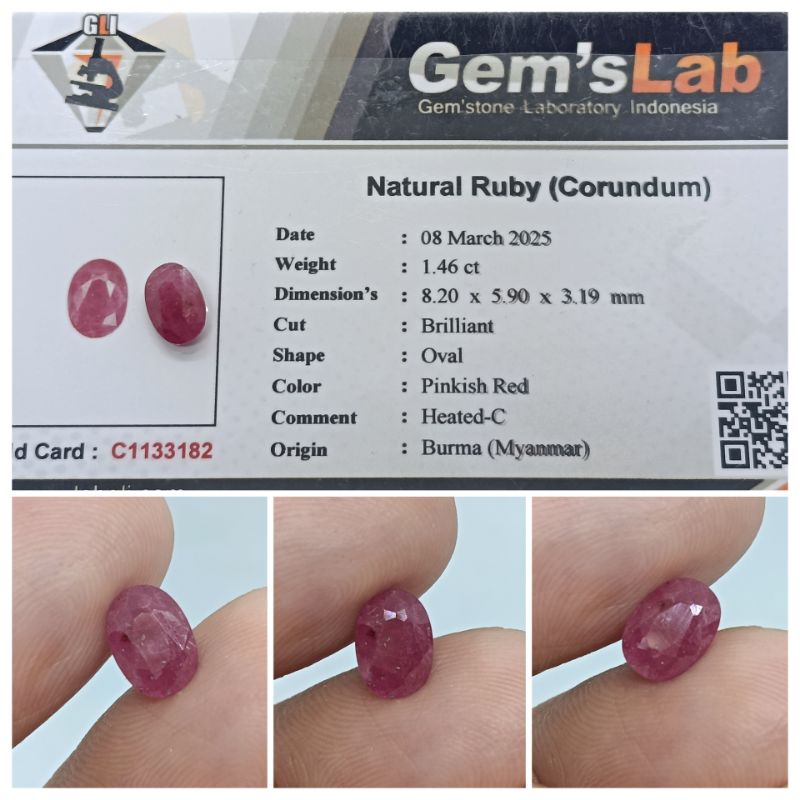 Natural Ruby Burma 1,4 ct memo GLI warna Bagus