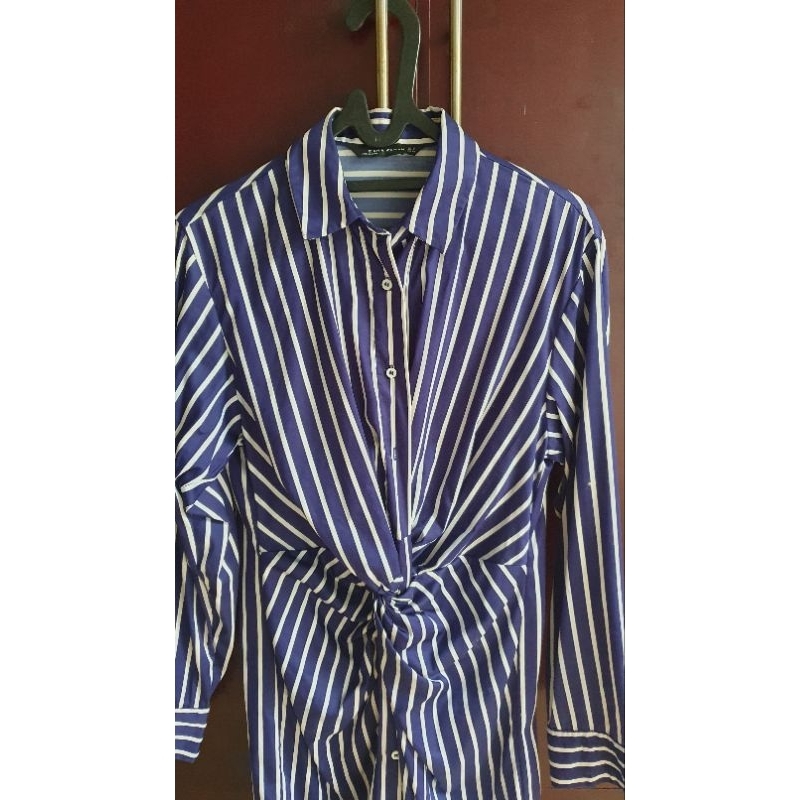 Preloved Zara Kemeja Original Store Midi Dress Blue Stripe
