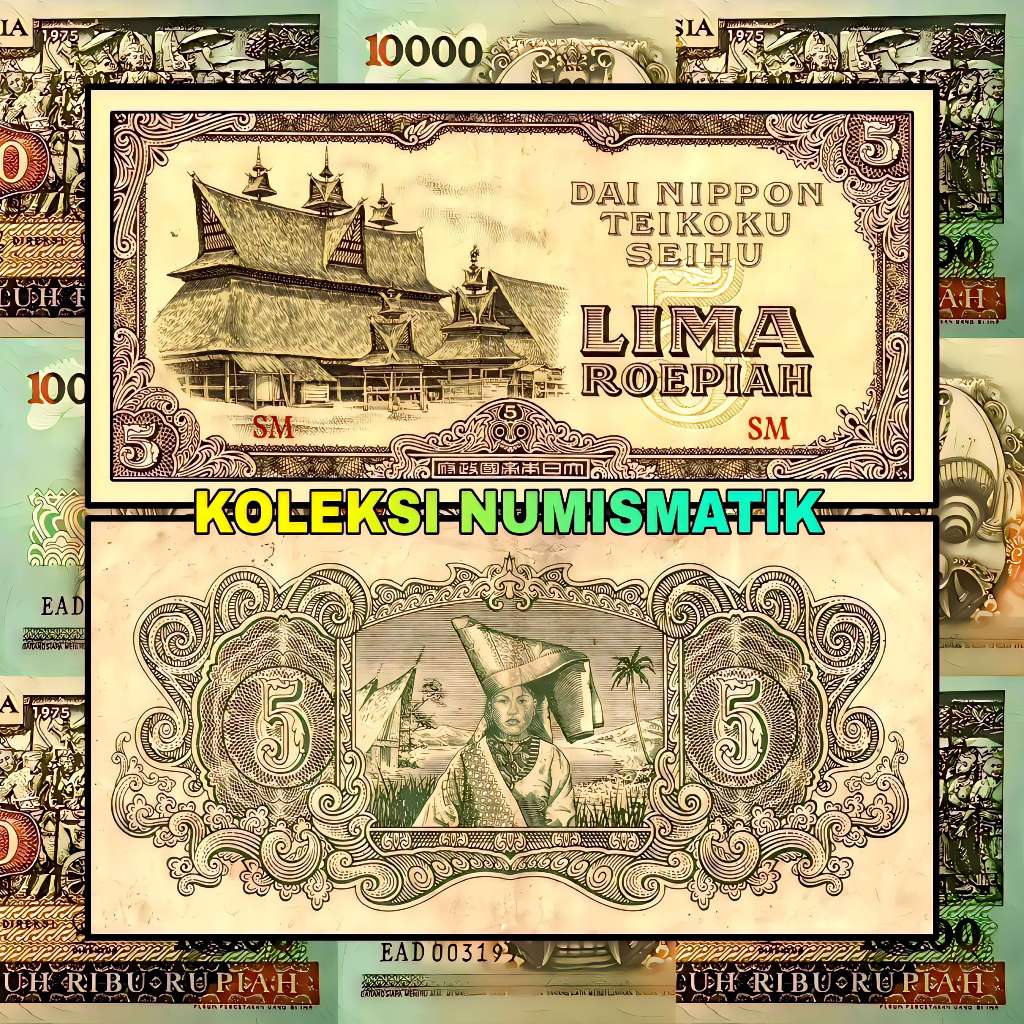 SOUVENIR UANG KERTAS KUNO DAI NIPPON 5 RUPIAH TEIKOKU SEIHU RUMAH BOLON 1944