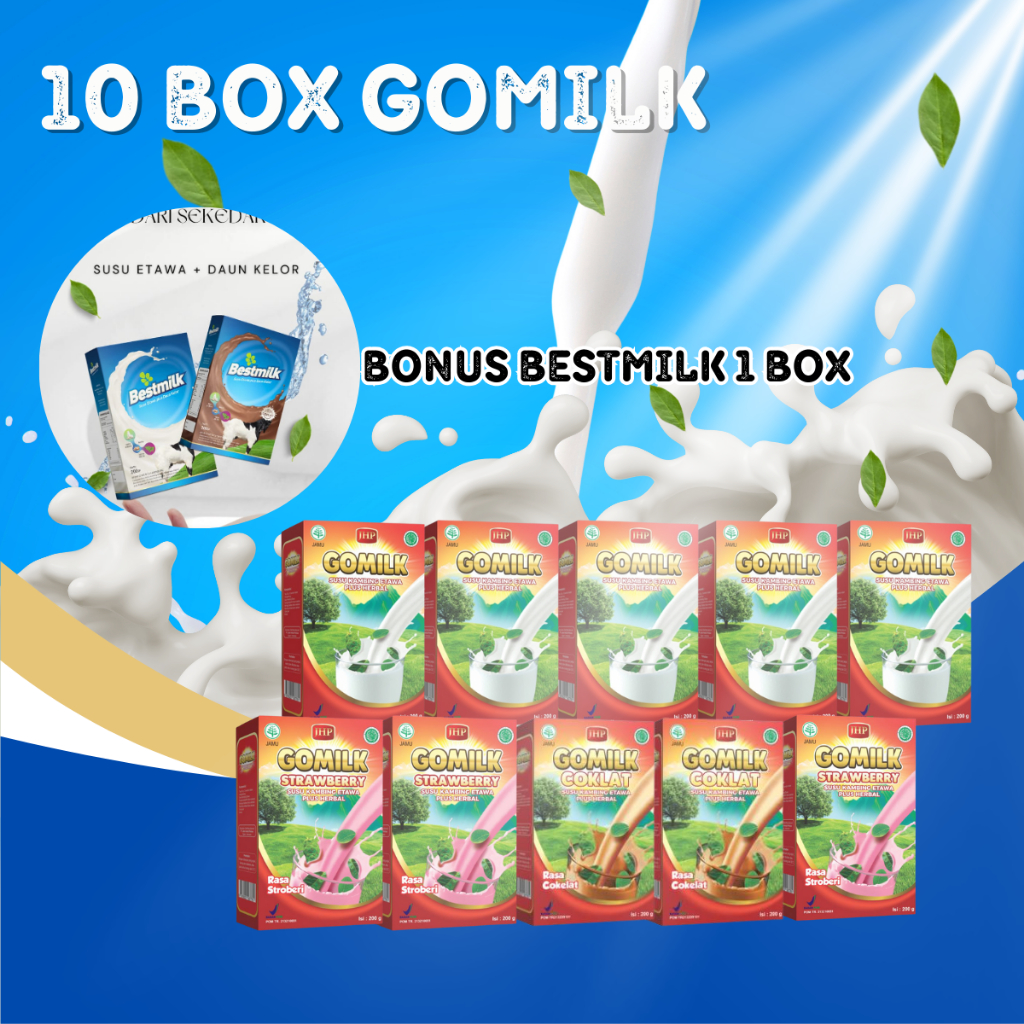 

!!! BELI 10 GOMILK BONUS 1 BOX BESTMILK- PAKET RESELLER 10 BOX GOMILK - Susu Kambing Etawa PLUS DAUN KELOR bariklana original 100%