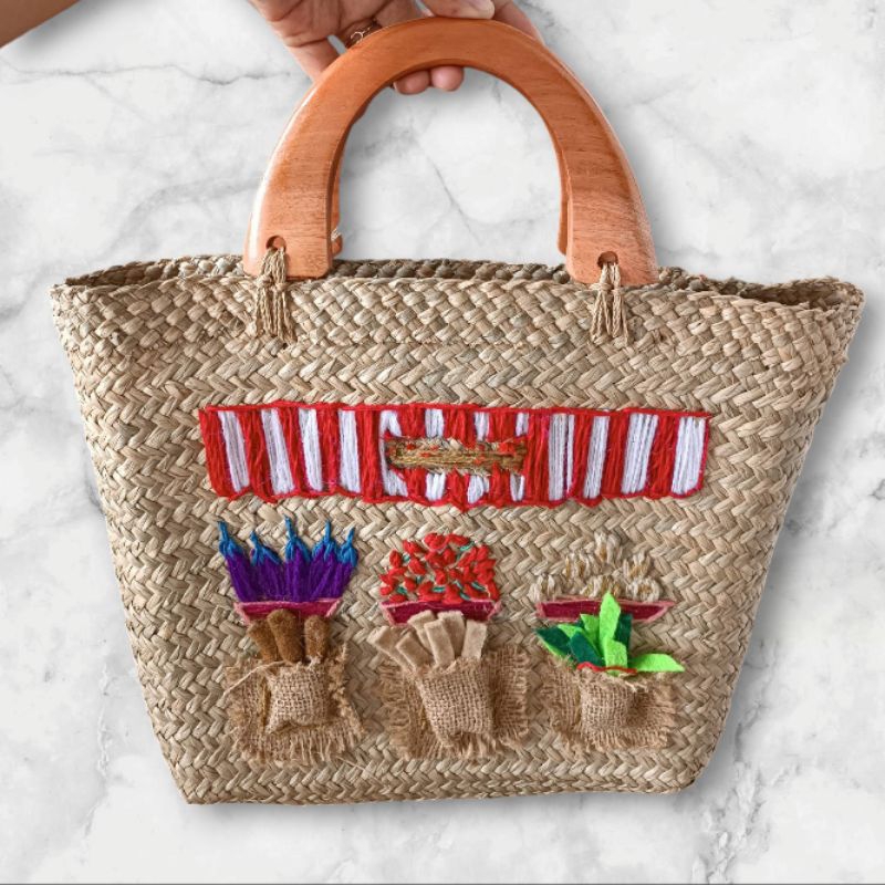 Tas Sulam Kotak Handle kayu Motif Vas Polos Tanpa Furing