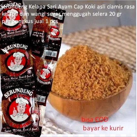 

Serundeng Kelapa Sari Ayam Cap Koki asli ciamis rasa kelapa dan wangi segar menggugah selera 20 gr per bungkus jual 1 pcs