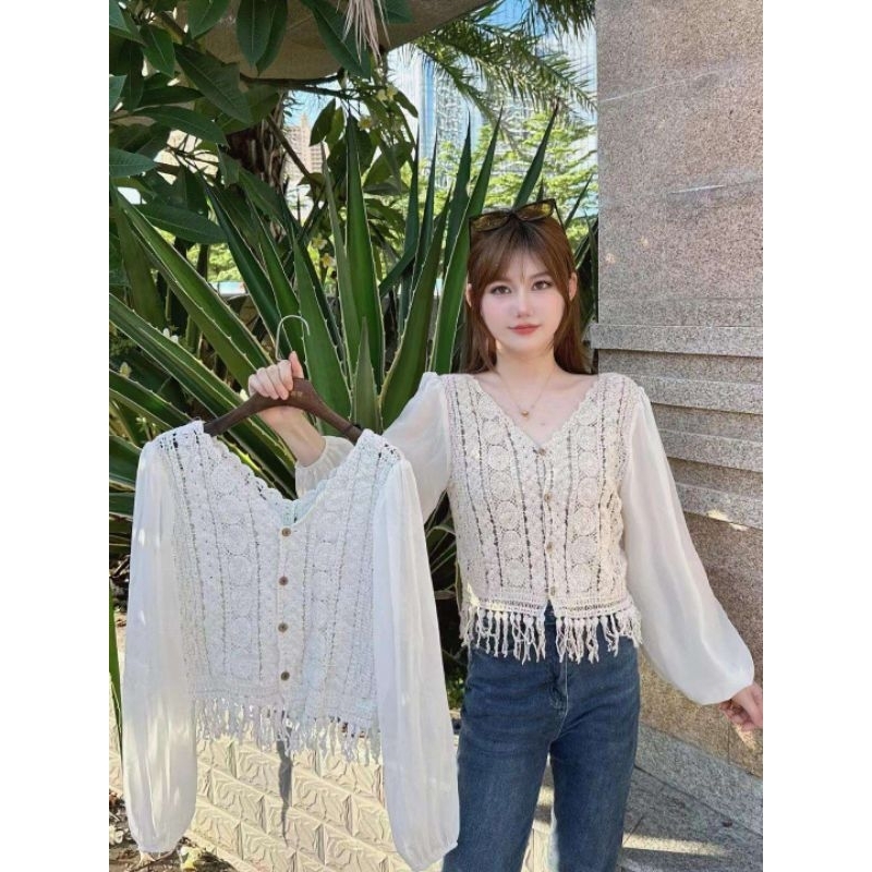 Atasan Rajut Blouse Bunga2 Lengan Panjang Sifon Pantai Korea
