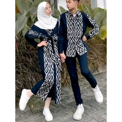 Couple Gamis Tenun Pasangan Set Baju Tenun Clara Navy Bahan Kain Tenun Asli
