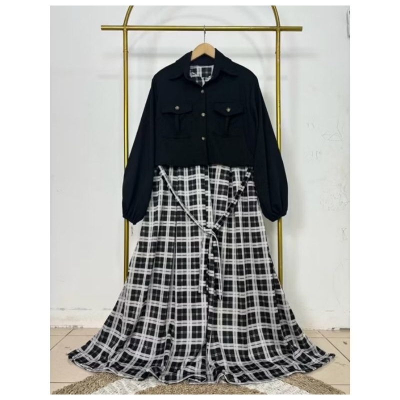 GAMIS + OUTHER kotak kotak hitam