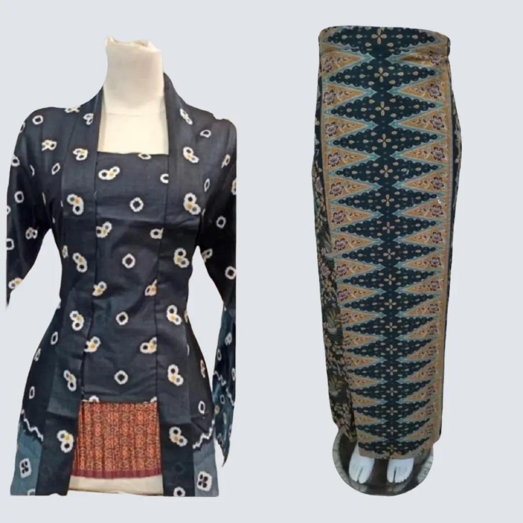 Setelan Kebaya Model Kutu Baru Modern Jumputan Bahan Kain Katun Batik Warna Hitam