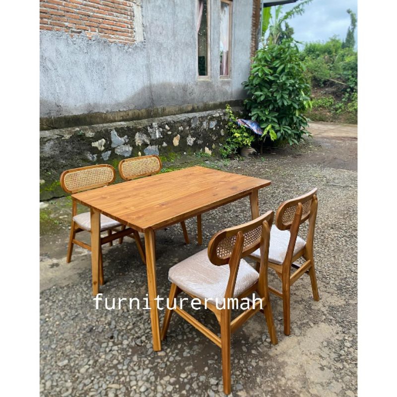 meja makan 4 kursi jati rotan minimalis, set meja makan 4 kursi kayu jati rotan