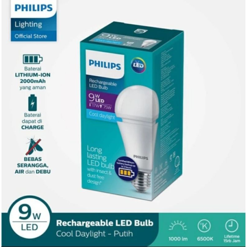 Philips Rechargeable LED Bulb Bohlam Lampu LED Emergency 9 Watt Putih