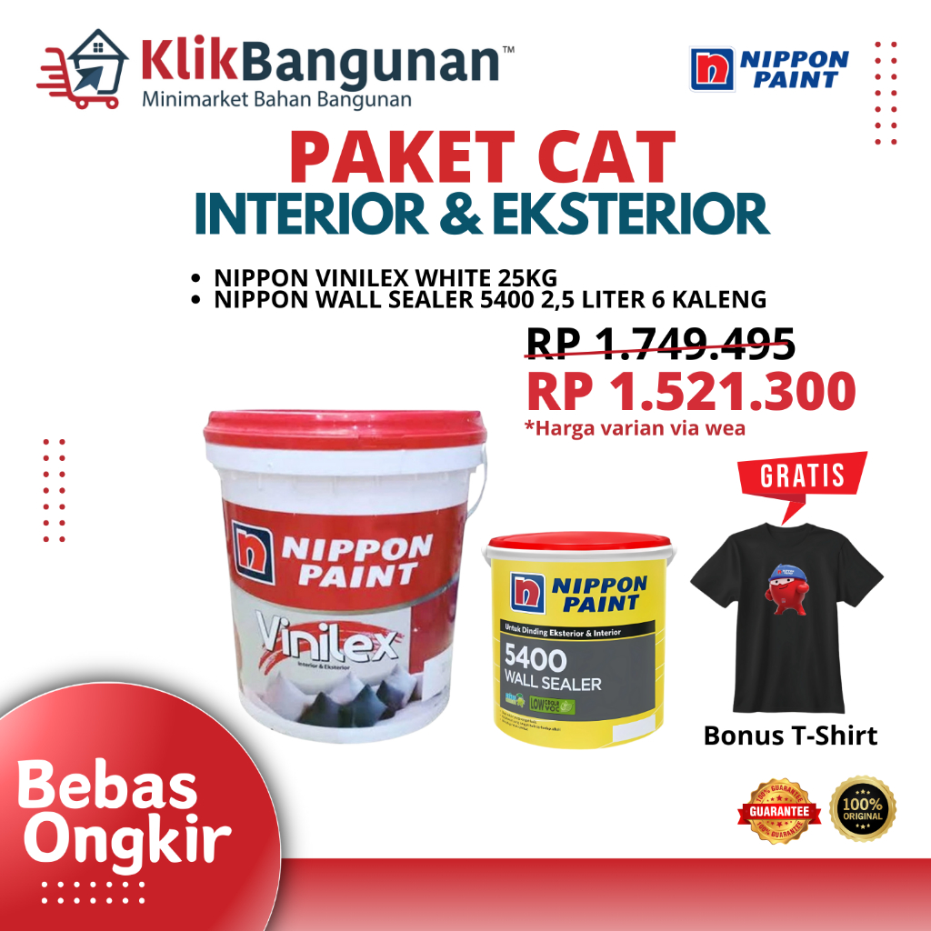 Paket Cat Interior & Eksterior Nippon Vinilex White 25Kg + Nippon Wall Sealer 5400 2.5L 6 Kaleng