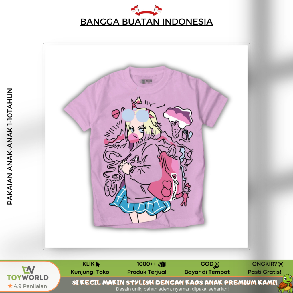 Kaos Anak Perempuan 1-10 Tahun - Baju Anak Cewek Premium, Desain Motif Wibu