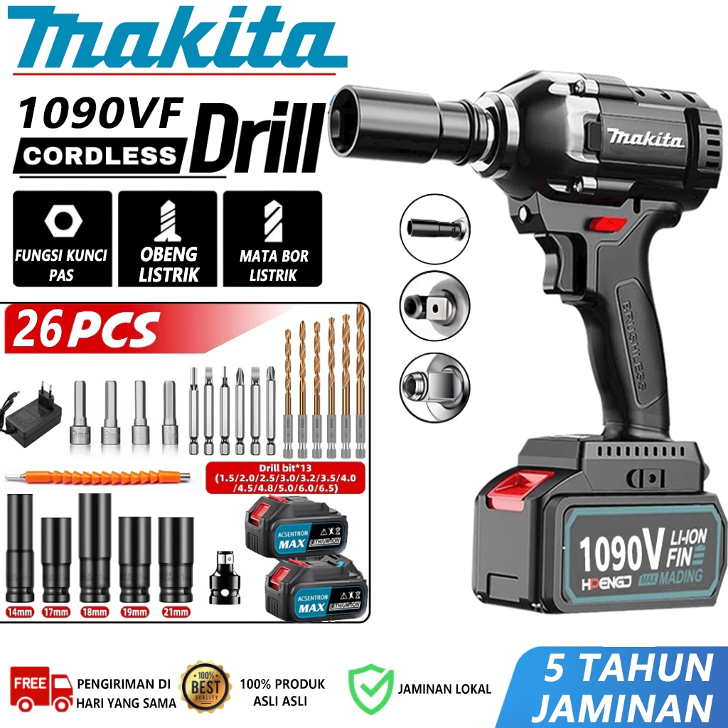 MAKITA Impact Wrench Cordless Baterai Brushless 1090V /588V Baterai 1600NM Torsi Tinggi Cocok untuk