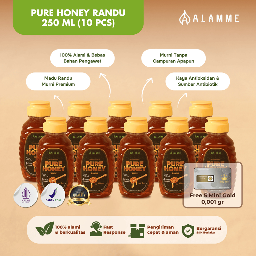 

Alamme Paket Reseller Pure Raw Honey Madu Randu Murni 100% Original Premium 250ml isi 10 pcs
