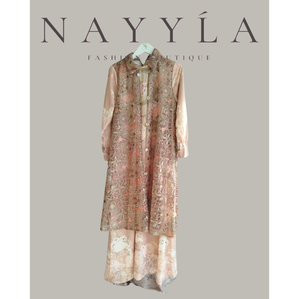 GAMIS PESONA O M G, Outer Brukat tile Motif Romania, Gamis + HIjab  + Outer Brukat Tile, Gamis Musli