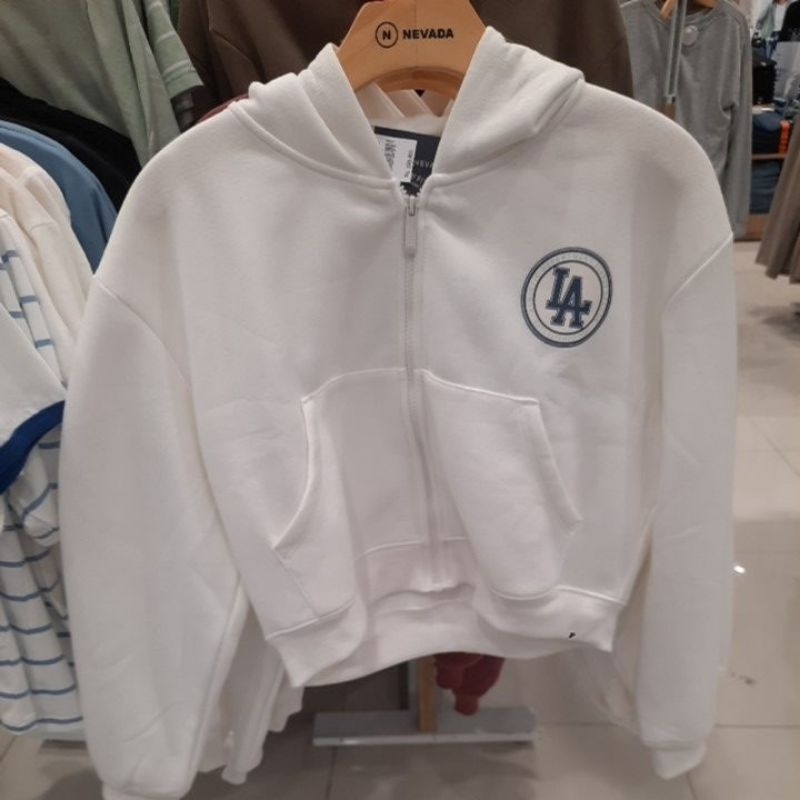 jaket kupluk crop resleting lengan panjang wanita