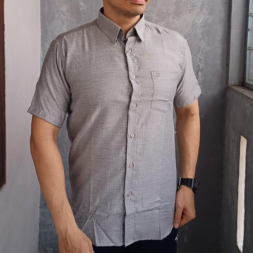 Rita Ricci Kemeja Pria Lengan Pendek Slim Fit Motif Polkadot Abu