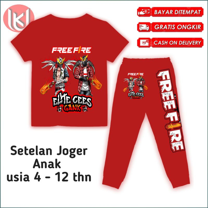 Bisa COD Kaos anak Setelan Joger Free Fire elite chees Gank baju anak FF gratis tambah nama