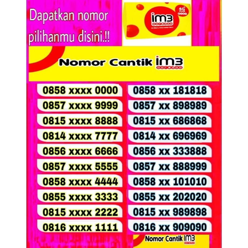 Nomor cantik indosat IM3 oredo 4g lte seri 0000 9999 8888 7777 6666 5555 4444 3333 2222 1111 6789 77