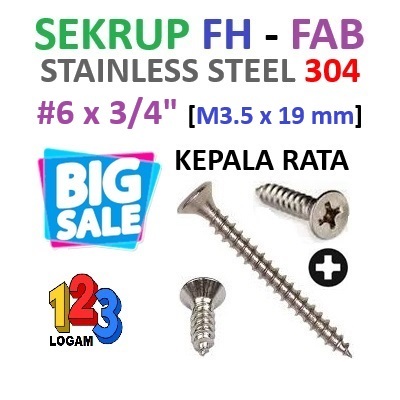 #6x3/4 [M3,5x19mm] Sekrup Tapping FH - FAB Stainless Steel 304 (A2)