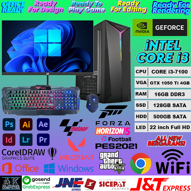 PC GAMING FULLSET iNTEL CORE i3 7100 Gen 7Th Feat GTX 1050 Ti 4GB + RAM 16GB + SSD 128GB + HDD 500GB