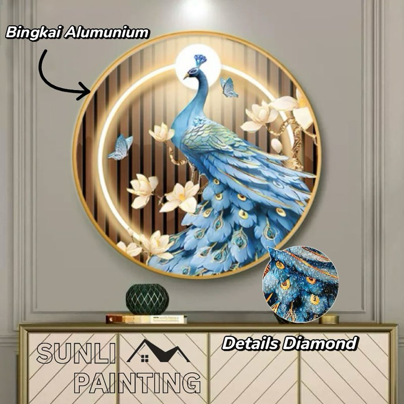 SUNLIPAINTING Lukisan Porselen 5D - Motif Burung Merak - Lukisan LED Bulat - Dekorasi Rumah