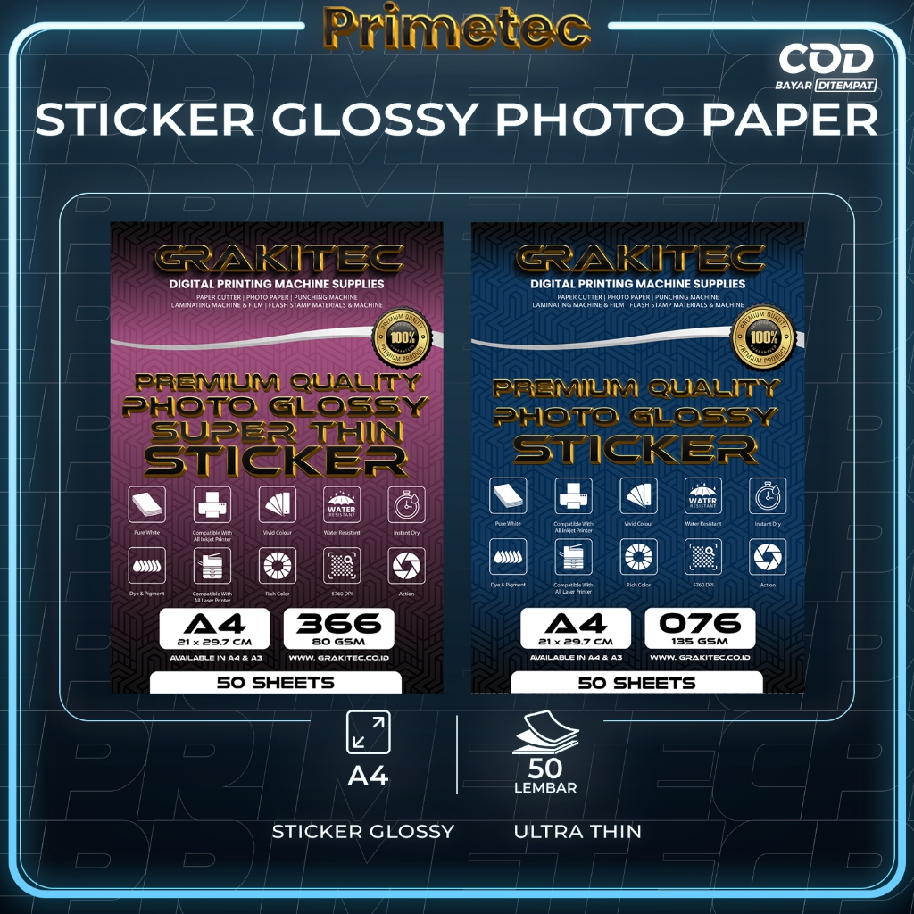 

Sticker Photo Paper Ultra Thin A4 Isi 50 Lembar ( Kertas Foto Sticker Glossy Premium ) 135 atau 80 GSM Primetec