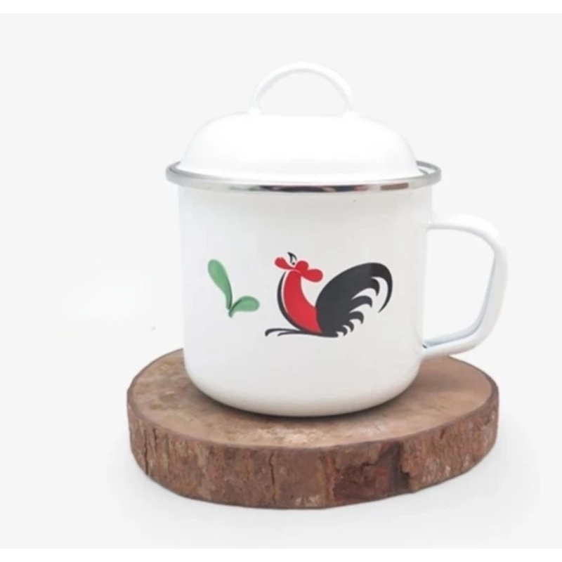 MUG AYAM JAGO + TUTUP / MUG ENAMEL / MUG KOPI / MUG AYAM / MUG MINUM / MUG AYAM