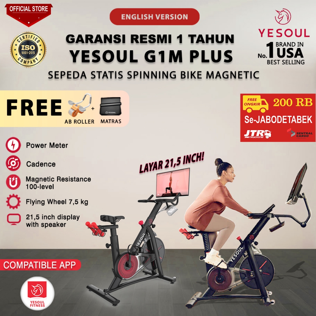 Yesoul G1M Plus Spinning Bike - Sepeda Statis Hitam 50.98 x 20.87 x 57.09 Inch, Daya Listrik 24V, Beban Maksimal 120kg