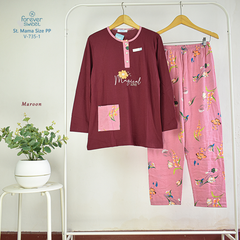 Babydoll Forever Sweet MamaSize PP Baju Tidur Set Piyama Wanita Lengan Panjang