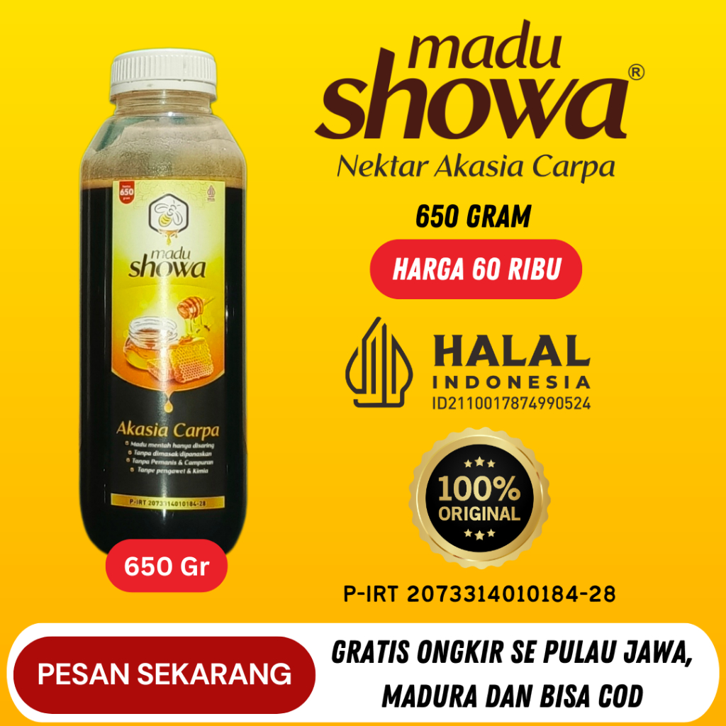 

Madu Showa Akasia 650 Gram, Botol Kale, 100 % ASLI