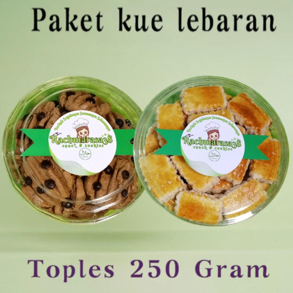 

RACHMARASA38 Kue Keing Paket Lebaran Kue Kacang Kue Chocochip Kemasan Toples bening Ukuran 250 Gram