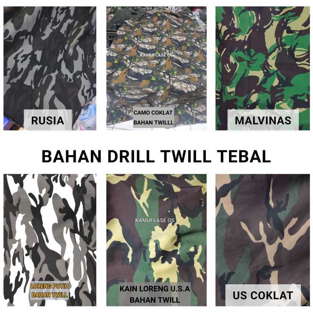 KODE V49B Kain loreng army  Bahan Dril Twill Tebal Loreng Camo US Woodland Rusia Salju loreng putih
