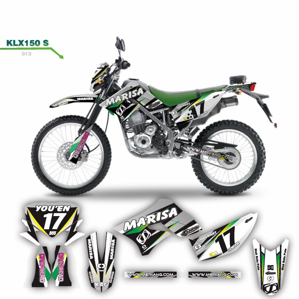 Stiker sticker decal motor klx 150 s Motif hitam putih list hijau