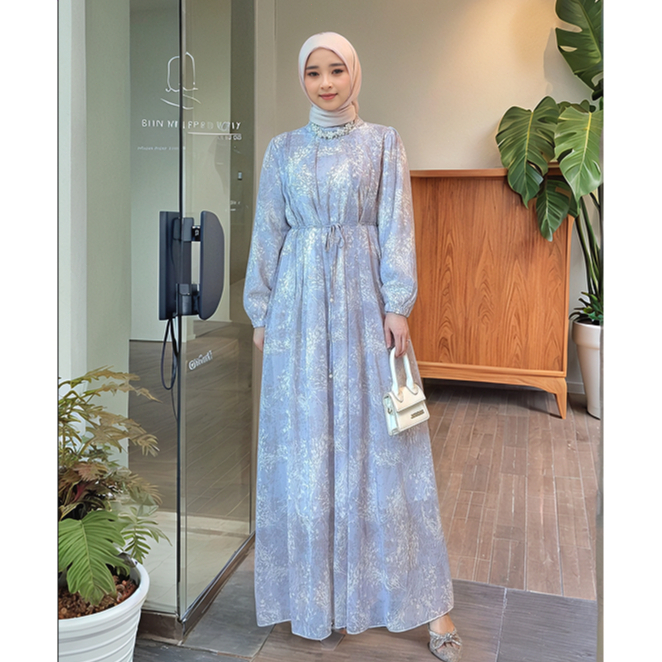 Gamis Silk Premium Motif Bunga Terbaru/ Dress Panjang Bunga Muslim Korea