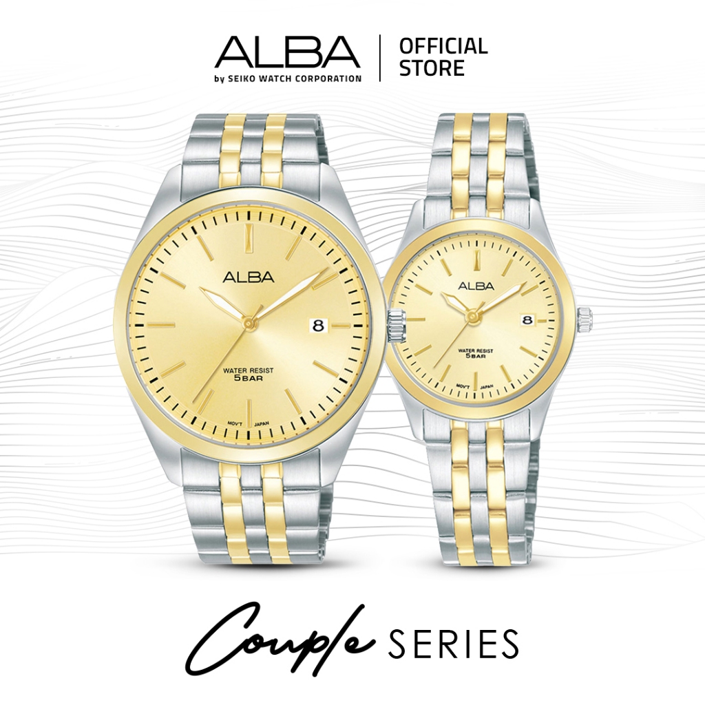 ALBA Jam Tangan Couple AS9S10 & AH7CE8 Quartz Stainless Steel Silver Gold Watch