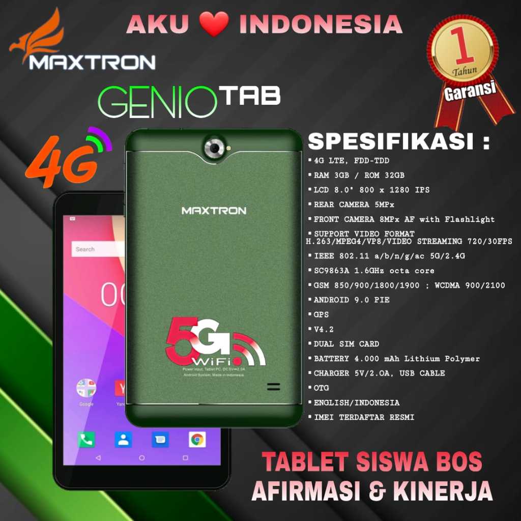 TABLET MAXTRON GENIO LAYAR LCD 8" INCHI RAM 3GB /ROM 32 GB