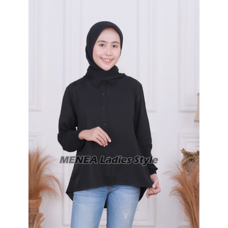 kemeja Hitam basic polos wanita bahan rayon twill premium adem dan jatuh