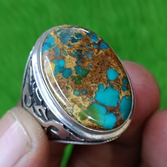 Pirus Persia gradasi urat emas berkarakter kuat Natural Ring Perak
