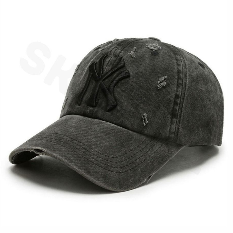 Topi Baseball Cap Pria Wanita - Topi Baseball Hat Model Robek Denim Motif NY Black Wash Terbaru