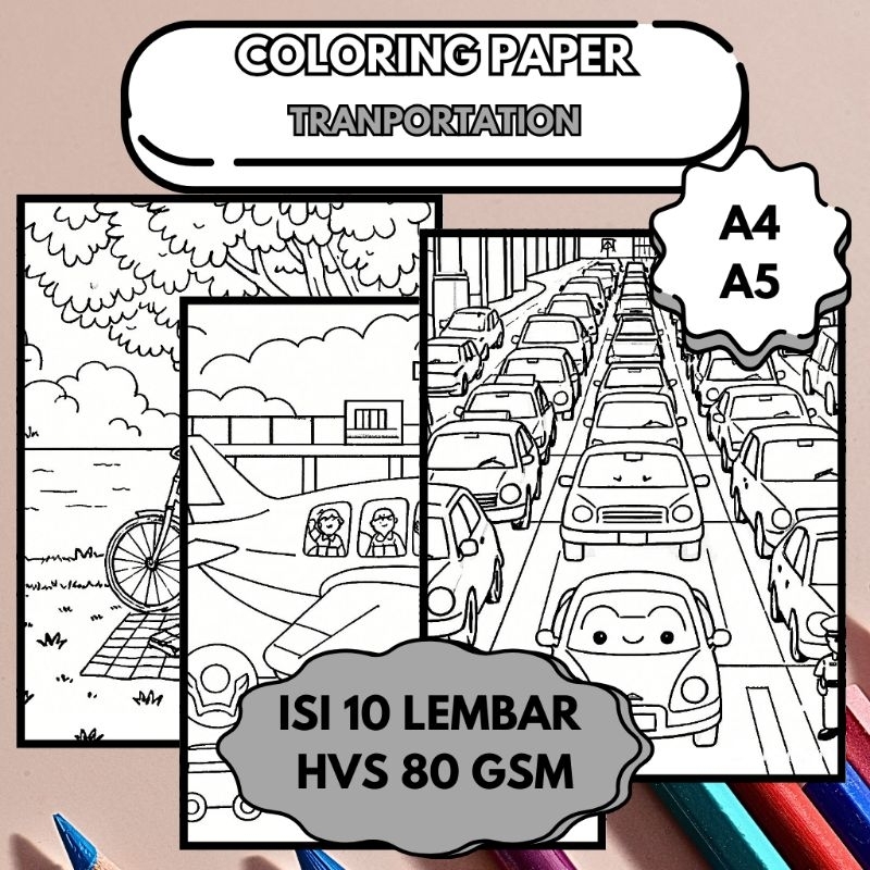 

Lembar Mewarnai isi 10 - Berbagai Variasi | TRANSPORTATION | HVS 80 gsm A5 A4 | Anak Anak (5+) dan Remaja